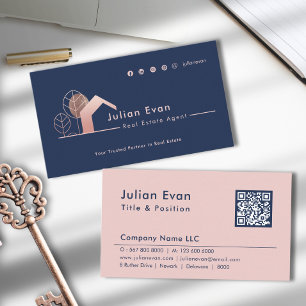 Carte De Visite Rose moderne Gold House Icon Marine Blue Immobilie