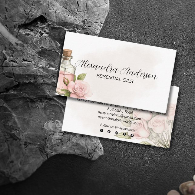 Carte De Visite Rose naturel Huiles essentielles Aquarelle Florale (Natural Rose Essential Oils Watercolor Floral Business Card)