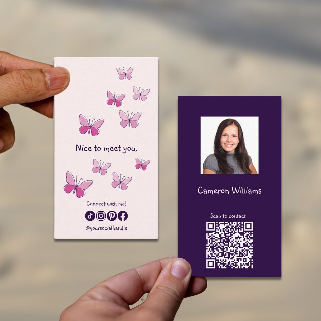 Carte De Visite Rose Nice de vous rencontrer QR Code Social Papill (Pink Nice To Meet You QR Code Social Butterfly Business Card)