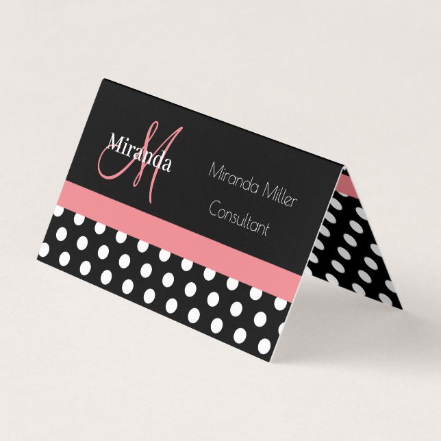 Carte De Visite Rose Noir Blanc Polka Point Monogram Carré (Devant)
