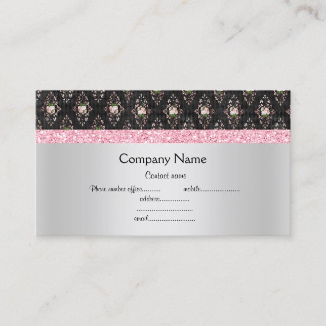 Carte De Visite Rose noir floral élégant semi brillant entreprise (Devant)