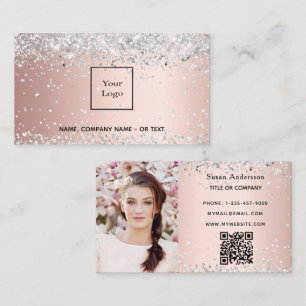 Carte De Visite Rose or argent photo QR code parties scintillant f