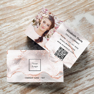 Carte De Visite Rose or blanc agate en marbre photo code QR logo