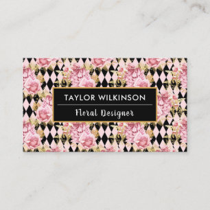Carte De Visite Rose, or et Black Floral Roses with Diamonds Bu