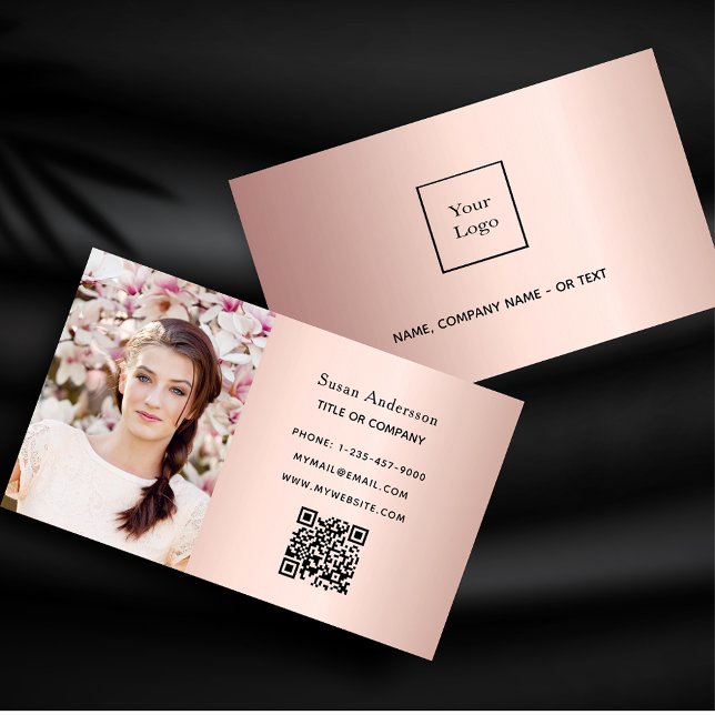 Carte De Visite Rose or photo QR code élégant femelle (Créateur téléchargé)