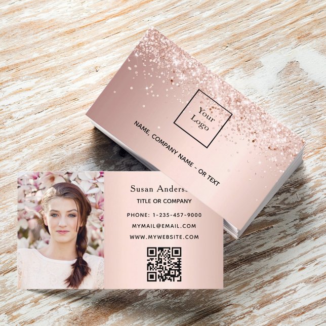 Carte De Visite Rose or photo QR code parties scintillant poussièr (Créateur téléchargé)