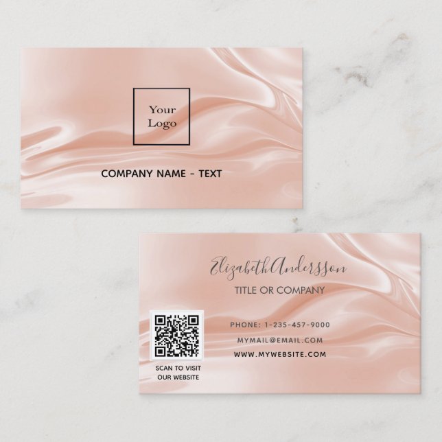 Carte De Visite Rose or satin soie élégant code QR logo (Devant / Derrière)