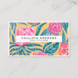 Carte De Visite Rose Orange Fleurs Feuille Aquarelle Monogramme