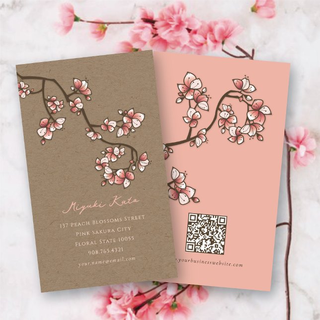 Carte De Visite Rose orientale fleurs élégante Sakura Kraft (Oriental Pink Peach Blossoms Elegant Sakura Spring Flowers Kraft Business/Profile Card @ fat_fa_tin)
