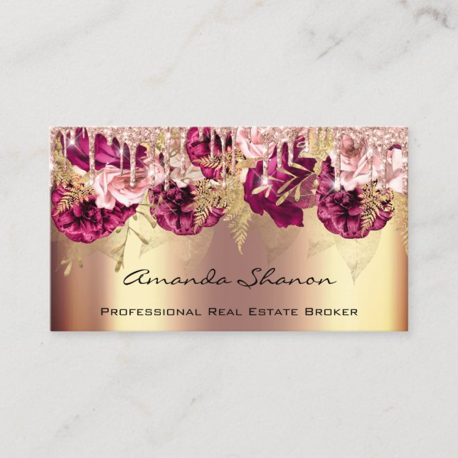 Carte De Visite Rose professionnel Gold Flowers Drip QRCODE Logo (Devant)