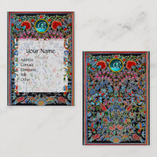 CARTE DE VISITE ROSE ROUGE BLEU ORIENTAL FLEURS DOMMASQUE MONOGRAM