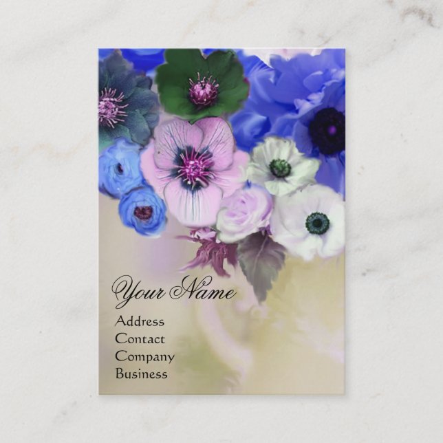 CARTE DE VISITE ROSES BLANCHES BLEUES ET FLEURS D'ANÉMONE MONOGRAM (Devant)