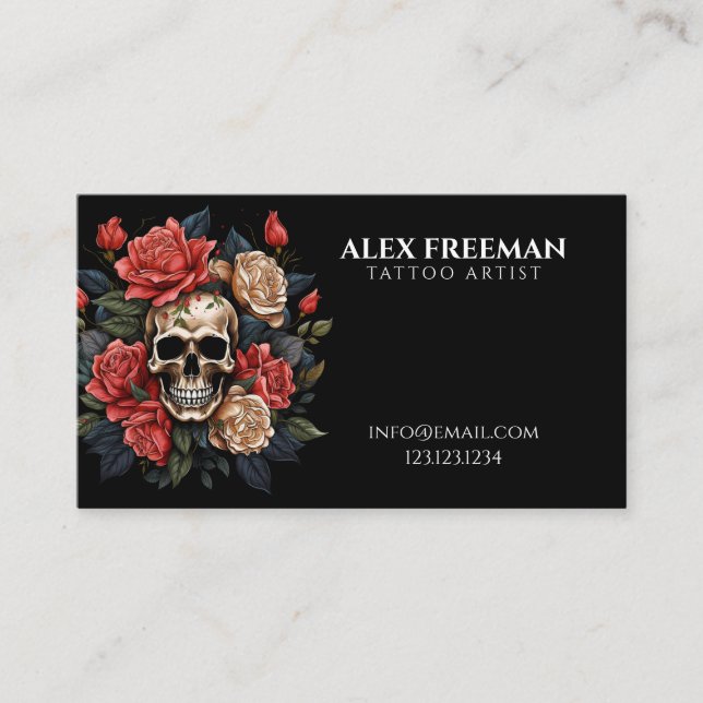 Carte De Visite Roses blanches foncées et roses roses crâne tatoue (Devant)