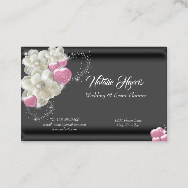 Carte De Visite Roses blanches wedding planners Coeurs roses Étinc (Devant)