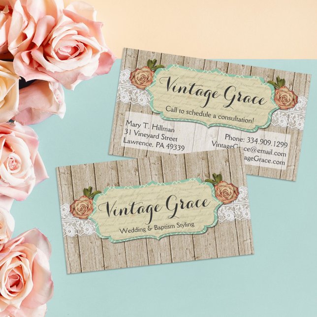 Carte De Visite Roses chic Shabby sur bois rustique et dentelle Vi (Créateur téléchargé)