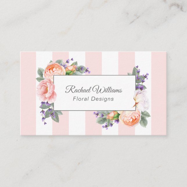 Carte De Visite Roses d'aquarelle, lavande et rayures roses (Devant)