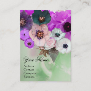 CARTE DE VISITE ROSES POURPRES BLANCHES ET FLEURS D'ANÉMONE MONOGR