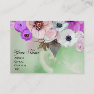 CARTE DE VISITE ROSES POURPRES BLANCS ET FLEURS D'ANÉMONE MONOGRAM