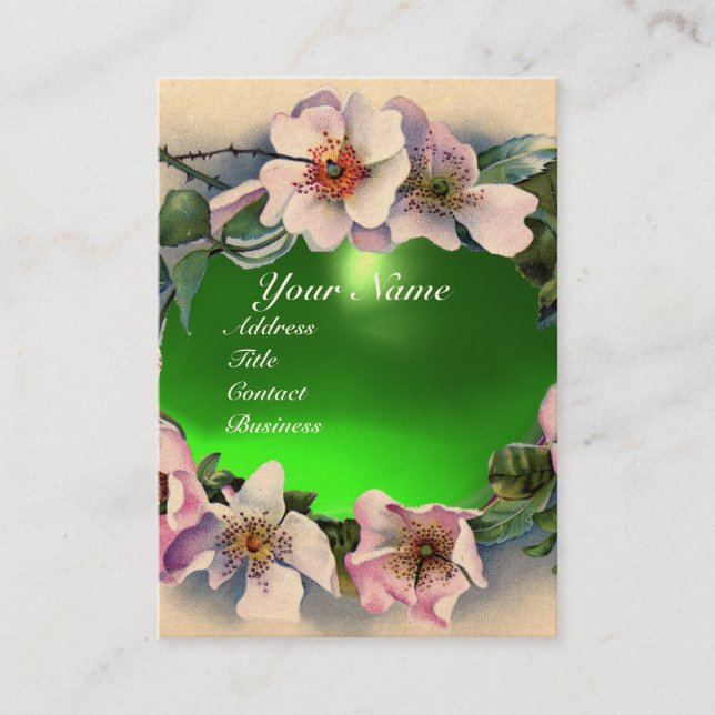 Carte De Visite Roses SAUVAGES AVEC MONOGRAMME EN PIERRE GEM VERT (Devant)