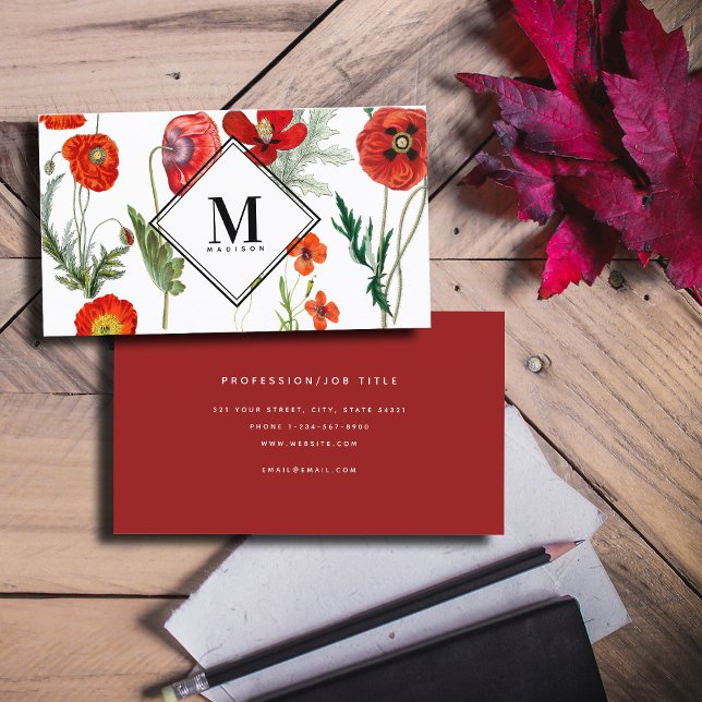 Carte De Visite Rouge Aquarelle Poppies Florales Professionnel (Red Watercolor Poppies Florals Professional Business Card)
