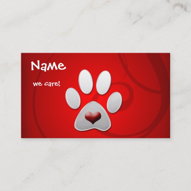 Carte De Visite Rouge Argent Paw Heart Pet (Devant)