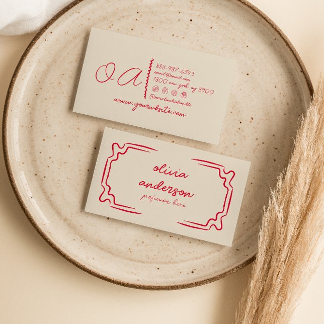 Carte De Visite Rouge Beige Rétro, manuscrit tiré Unique Girly (Créateur téléchargé)
