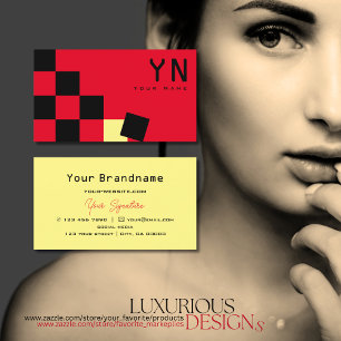 Carte De Visite Rouge Black Chessboard Jaune avec Monogramme Moder