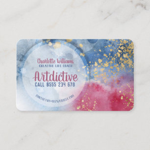 Carte De Visite Rouge Bleu Aquarelle Or Splatz Artiste Créatif