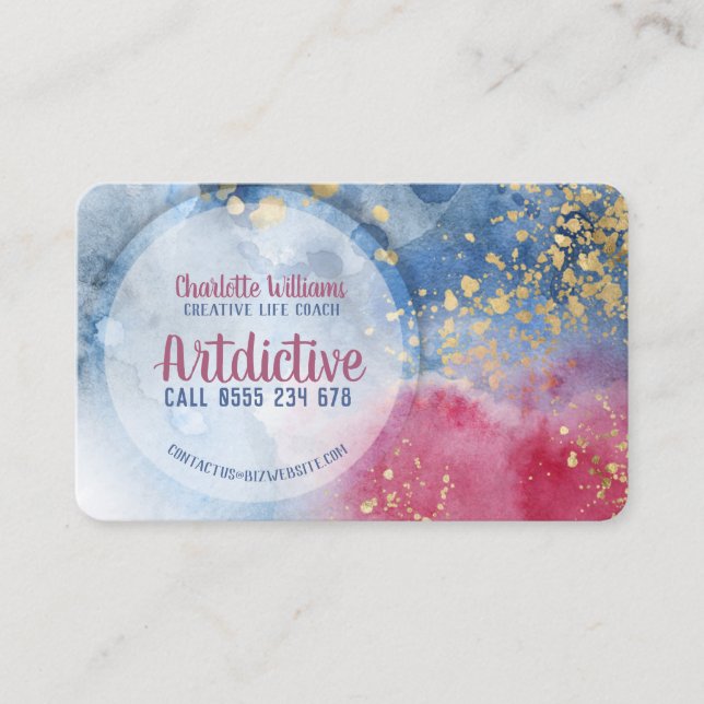 Carte De Visite Rouge Bleu Aquarelle Or Splatz Artiste Créatif (Devant)