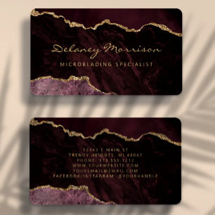 Carte De Visite Rouge Bourgogne Or Agate Microblading Arrondi