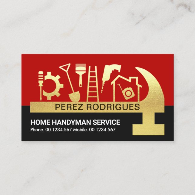Carte De Visite Rouge Couches Noires Gold Marteau Outils de main (Devant)