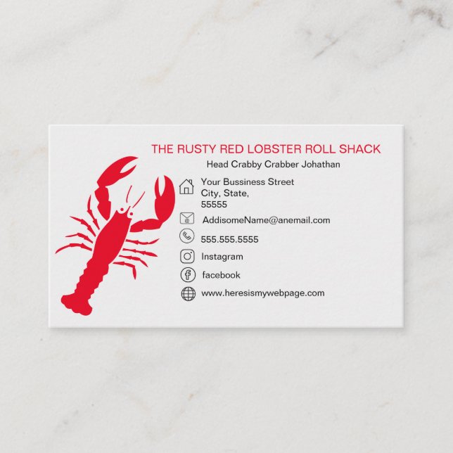 Carte De Visite Rouge Homard Fruits de mer Noir Blanc Simple Nauti (Devant)
