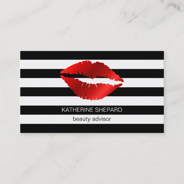 Carte De Visite Rouge Lèvres Noir & Blanc Stripes Maquillage Beaut (Devant)