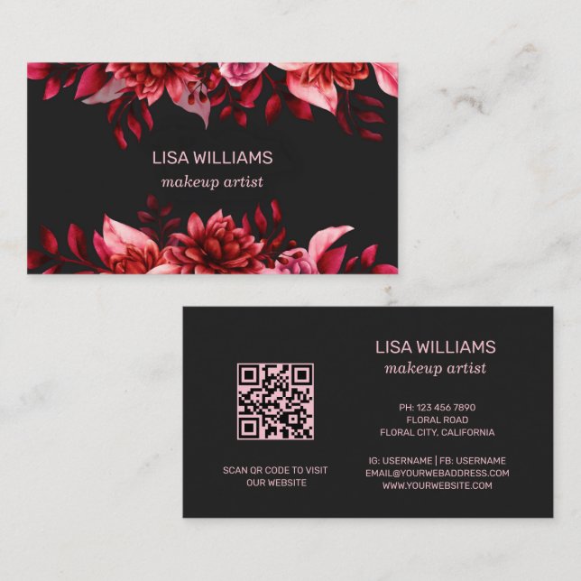 Carte De Visite Rouge rose Floral noir l QR Code (Devant / Derrière)