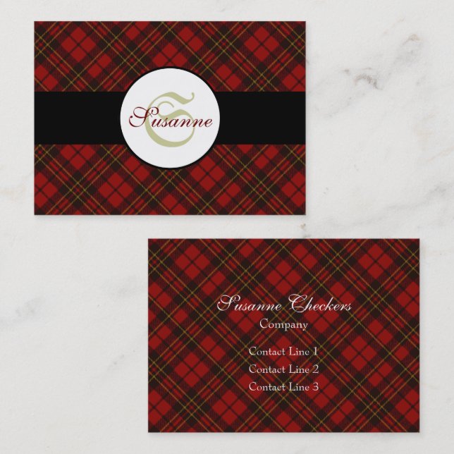 Carte De Visite Rouge tartan Noël plaid hiver motif Monogramme (Devant / Derrière)