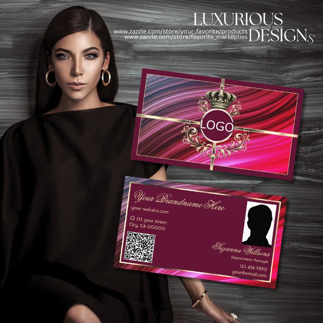 Carte De Visite Royal Pink Burgundy Gold Crown Logo Photo QR Code (Créateur téléchargé)