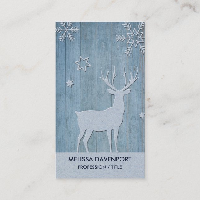 Carte De Visite Russe Bleu Bois Reindeer Pays Noël (Devant)