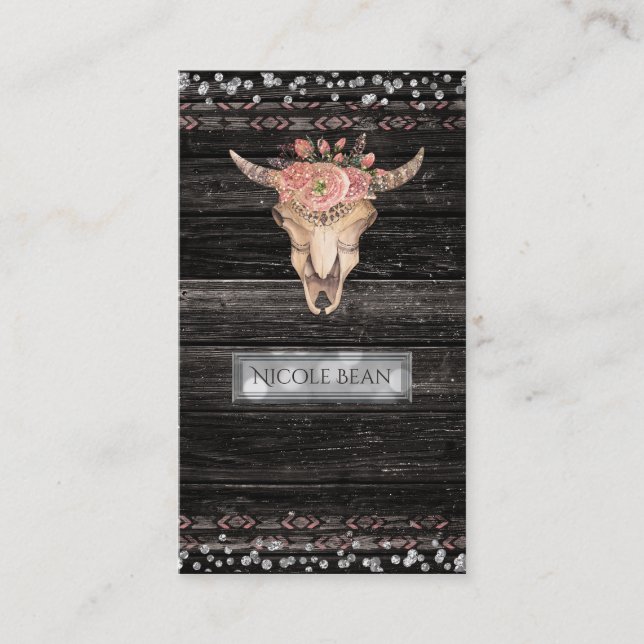 Carte De Visite Russe Floral Vache Crâne Boho Chic Glam Personnali (Devant)