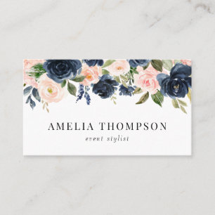 Carte De Visite Russe Marine Bleu et Blush Rose Floral Garland