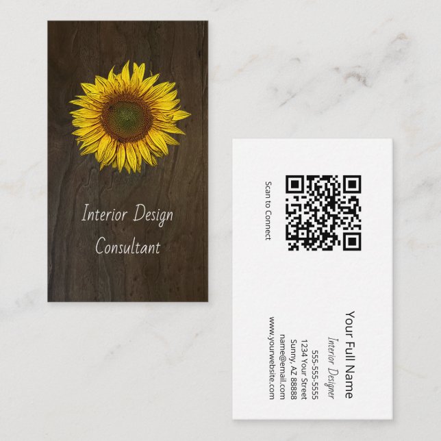 Carte De Visite Rustic Barn Wood Sunflower Designer QR code  (Devant / Derrière)