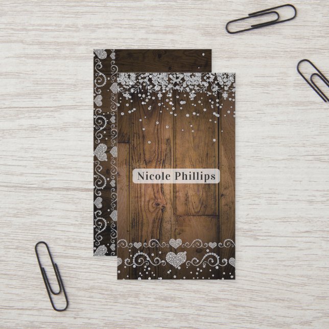 Carte De Visite Rustic Country Grange Bois Glam Diamants Étincelle (Devant/Arrière en situation)