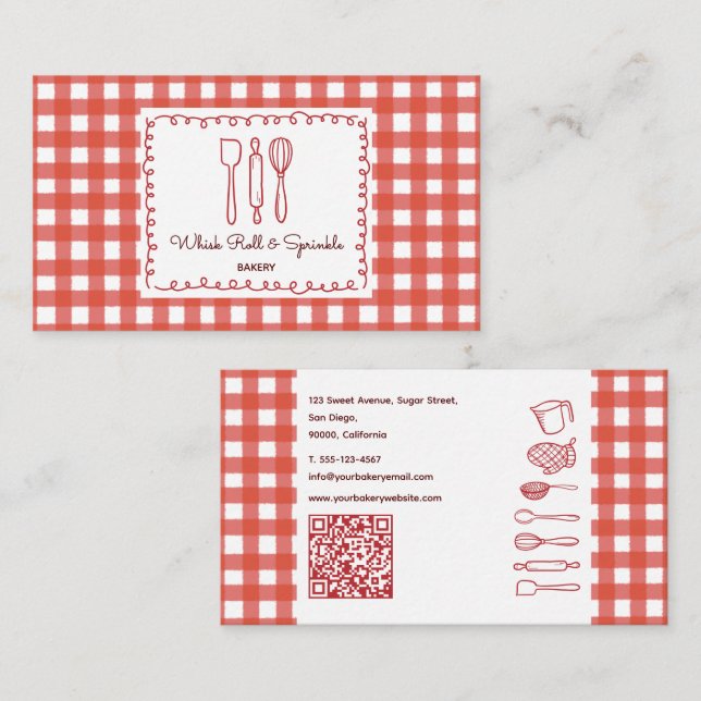 Carte De Visite Rustic Farmhouse Gingham QR Code Bakery (Devant / Derrière)