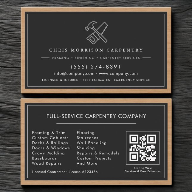 Carte De Visite Rustic QR Code Carpenter Carpentry Services   (Créateur téléchargé)