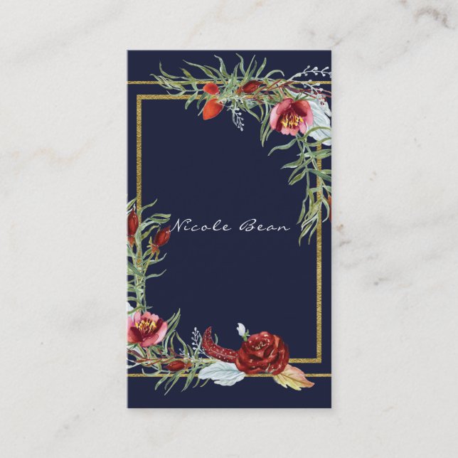 Carte De Visite Rustique Automne Marsala Floral Navy Bleu Chic Élé (Devant)