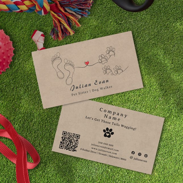 Carte De Visite Rustique mignon Empreinte de patte humain pieds ch (Rustic Cute Paw Print Human Feet Dog Walker Business card)