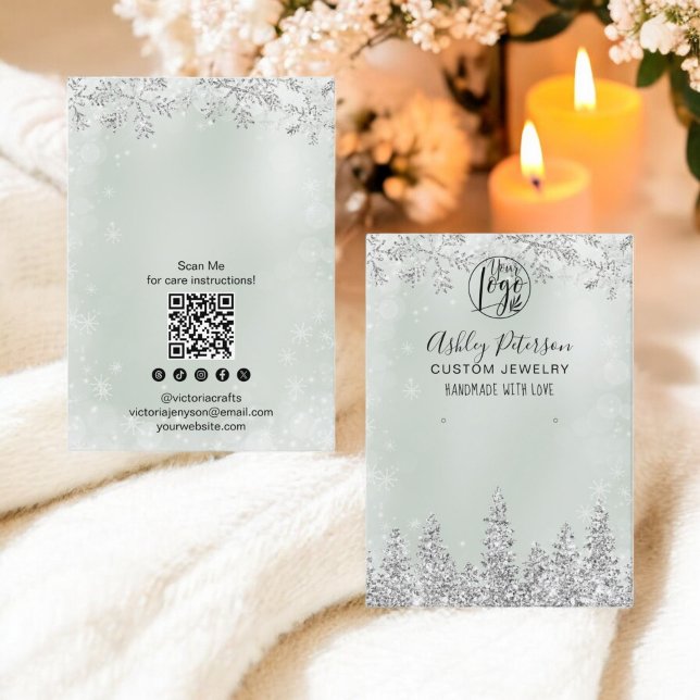 Carte De Visite Sage argent logo parties scintillant bijouterie (Sage silver glitter logo jewelry earring display business card)