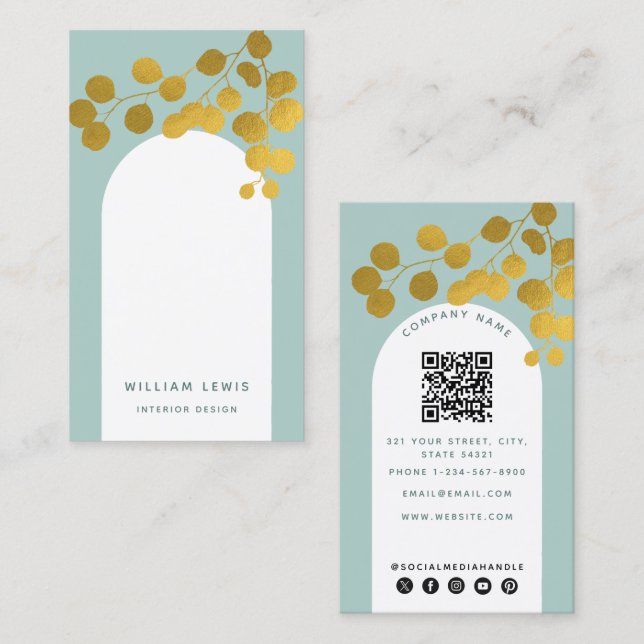 Carte De Visite Sage Green Gold Feuille Modern Arch Code QR (Devant / Derrière)