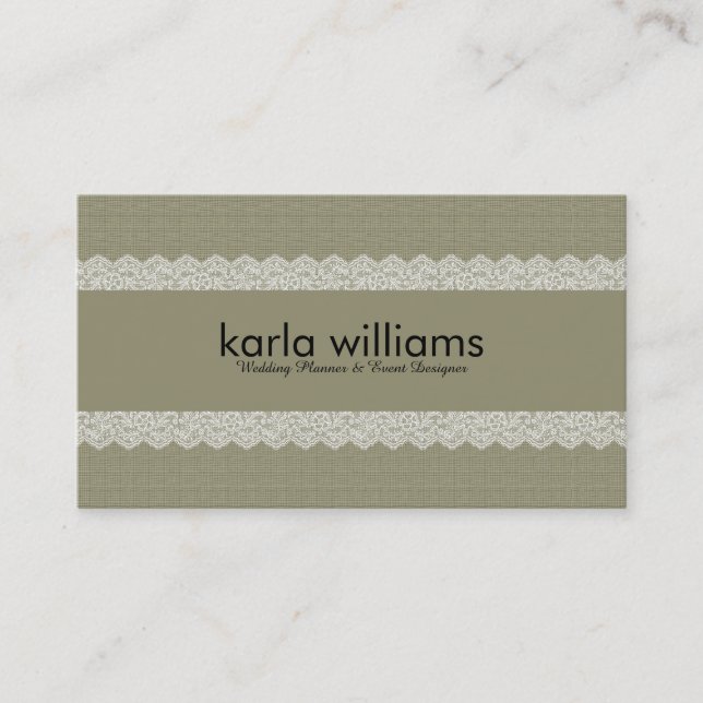 Carte De Visite Sage Green Lin Texture & Dentelle blanche (Devant)