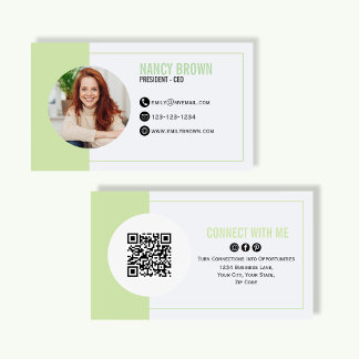 Carte De Visite Sage Green Photo QR Code Connect With Me Minimal