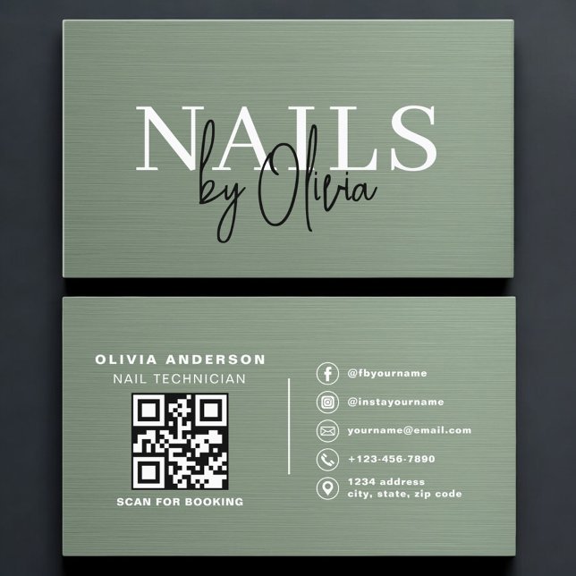 Carte De Visite Sage Green QR Code Nail Specialist Metallic  (Créateur téléchargé)